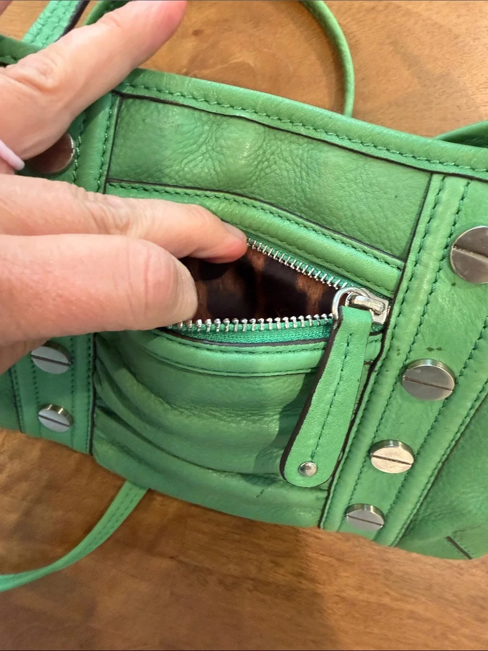 b. makowsky Green Leather Crossbody Bag with Silver Studs